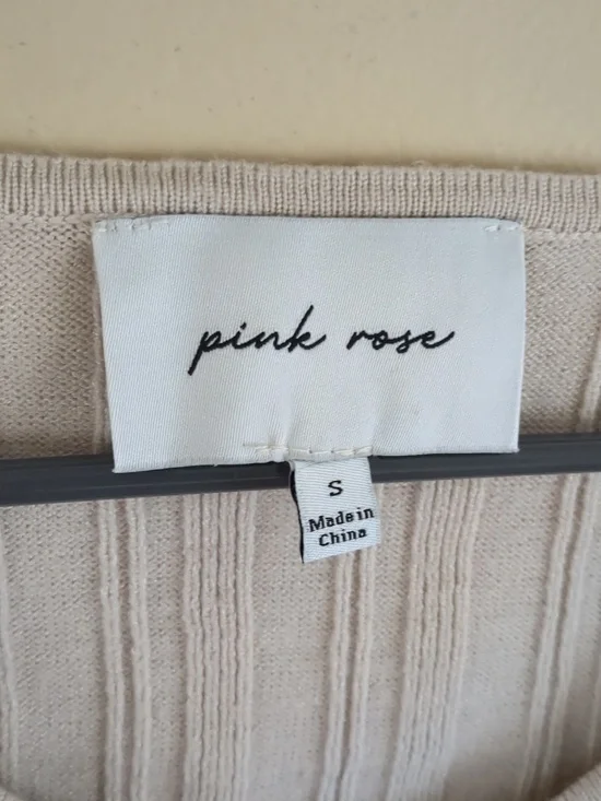 Small Pink Rose Ribbed Oatmeal Long Sleeve Cardigan - Picture 2 of 13